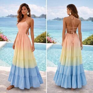 Tiare Hawaii Naia Maxi Dress S/M Peach Yellow Blue Ombre Smocked Boho Beachy